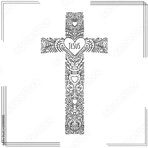 Doodle decor cross wirh heart in the center and word Jesus
