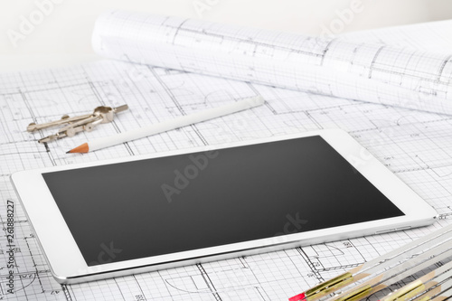 Tablet pc architectural blueprint house building plan