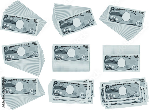 Monochrome Backside Bunch of Cute hand-painted Japanese 1000 yen note set