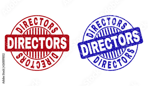 Grunge DIRECTORS round stamp seals isolated on a white background. Round seals with grunge texture in red and blue colors. Vector rubber imitation of DIRECTORS caption inside circle form with stripes.