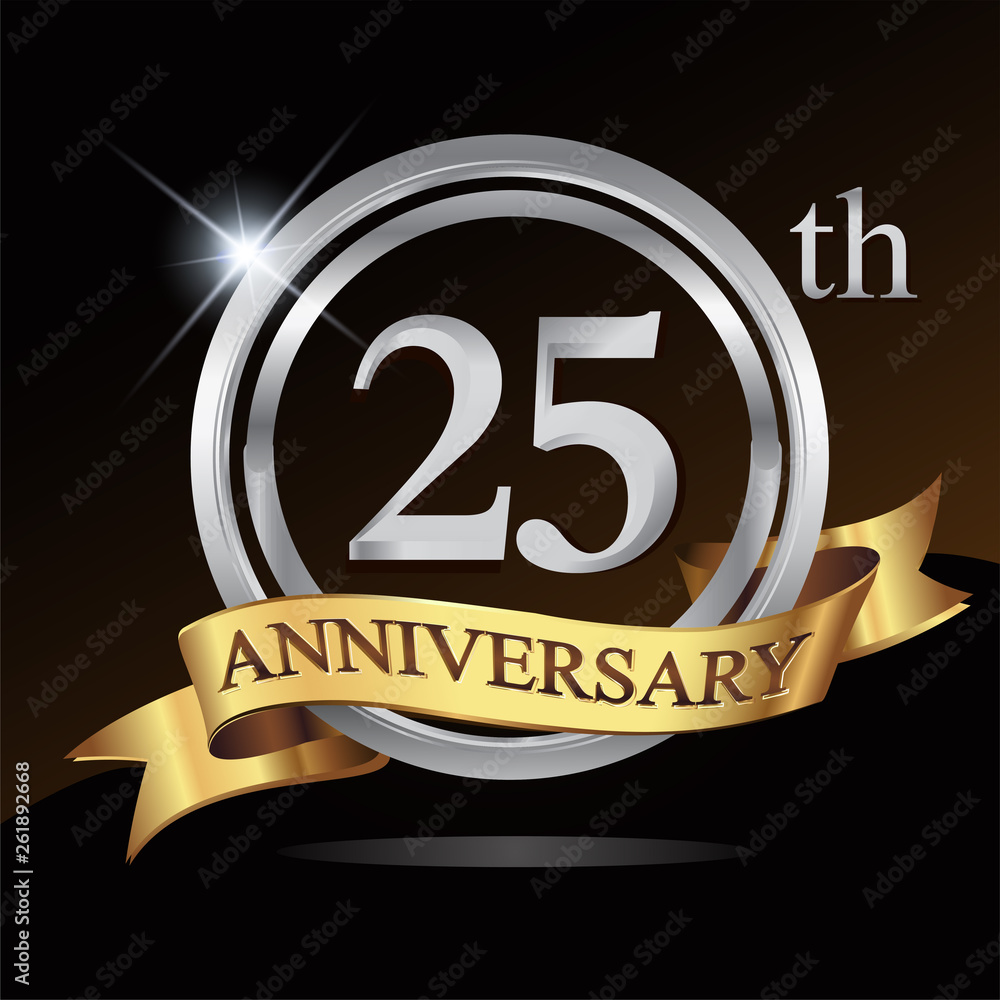 25th anniversary logo, with shiny silver ring and gold ribbon isolated on  black background. vector design for birthday celebration. vector de Stock |  Adobe Stock