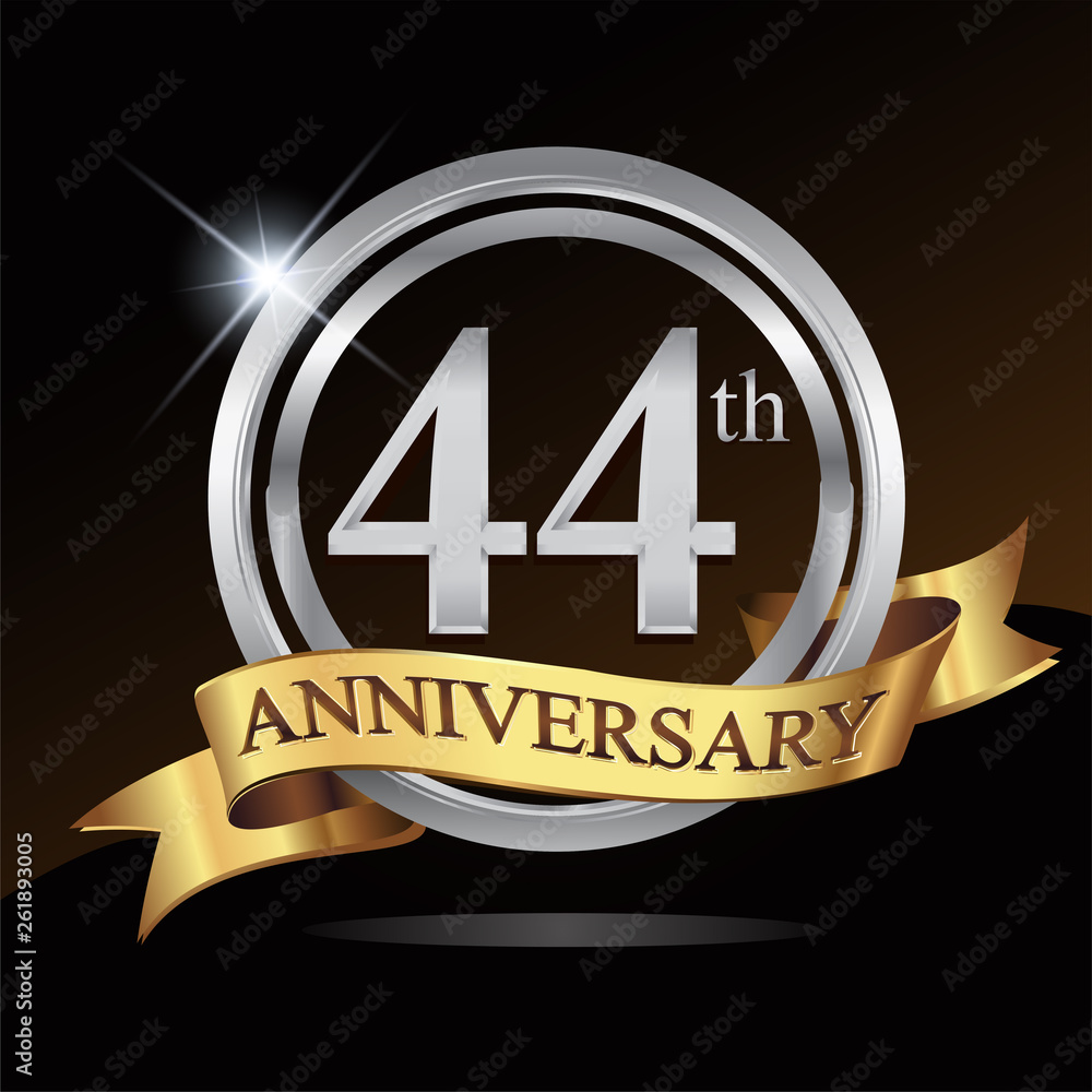 44th anniversary logo, with shiny silver ring and gold ribbon isolated on black background. vector design for birthday celebration. 44th anniversary logo, with shiny silver ring and gold ribbon isolated on black background. vector design for birthday celebration.