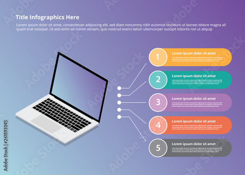 laptop infographics with isometric style and 5 point bullets description with various color - vector