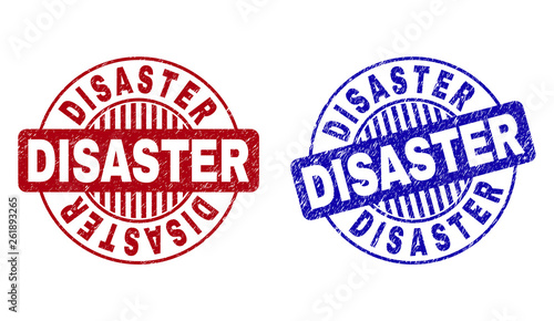 Grunge DISASTER round stamp seals isolated on a white background. Round seals with grunge texture in red and blue colors. Vector rubber imitation of DISASTER title inside circle form with stripes.
