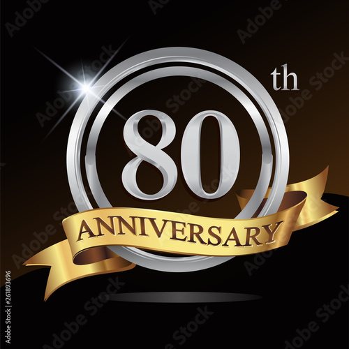 80th anniversary logo, with shiny silver ring and gold ribbon isolated on black background. vector design for birthday celebration.