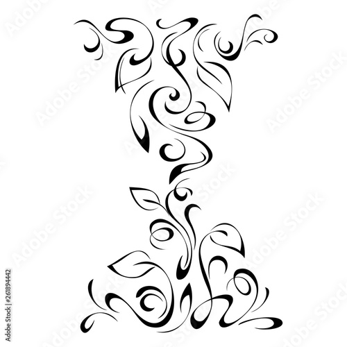 leafy ornament with leaves and curls in black lines on a white background