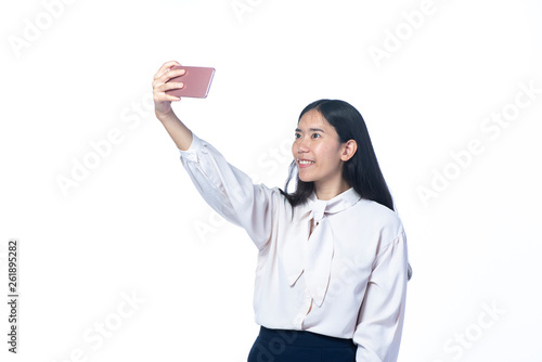Asian worker women selfie, ...