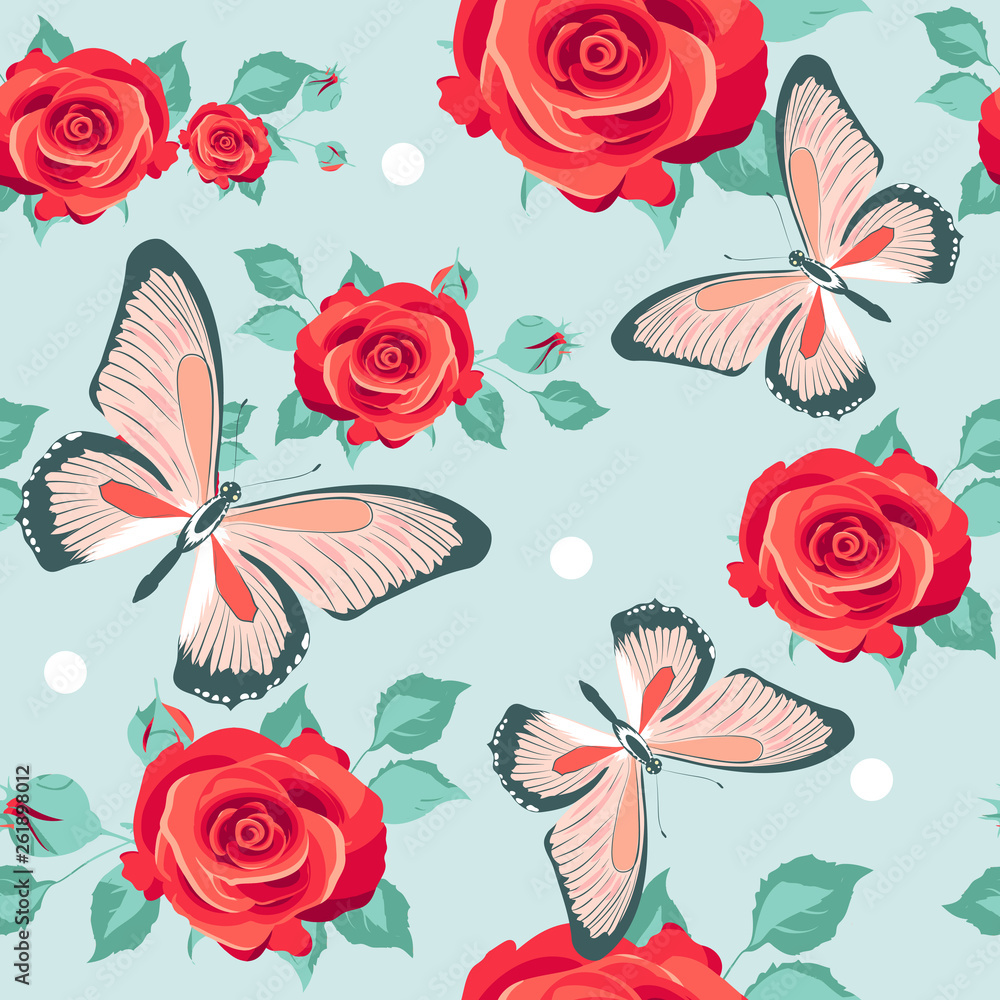 pattern beautiful roses and  butterflies set