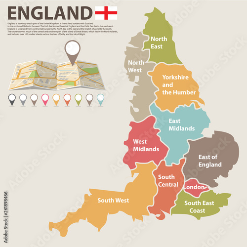 A large, colored map of England with all counties 