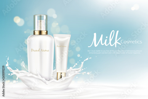 Milk cosmetics bottles mockup with space for name brand stand at milky splash on light blue blurred vector background. White cosmetic product tubes packaging design. Realistic 3d illustration, banner