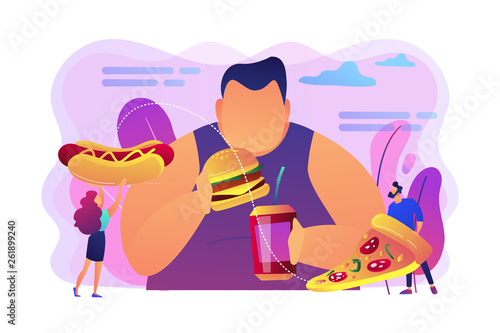 Overweight man eating burger, tiny people giving fast food. Overeating addiction, binge eating disorder, compulsive overeating treatment concept. Bright vibrant violet vector isolated illustration