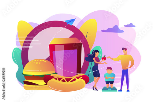 Tiny people, parents and overweight kid on scales, fast food prohibited. Child overweight, children disordered eating, kids energy imbalance concept. Bright vibrant violet vector isolated illustration