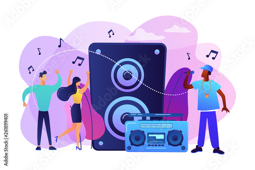 Hip hop singer with microphone at music speaker and tiny people dancing at concert. Hip hop music, hip hop party, RAP music classes concept. Bright vibrant violet vector isolated illustration