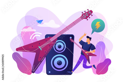 Guitarist playing the electric guitar at concert, tiny people. Rock music style, rock and roll party, rock music festival concept. Bright vibrant violet vector isolated illustration