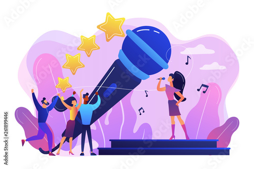 Famous pop singer near huge microphone singing and tiny people dancing at concert. Popular music, pop music industry, top chart artist concept. Bright vibrant violet vector isolated illustration