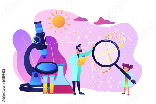A girl with magnifier and scientist carry out an experiment, tiny people. Kids Science camp, young scientists lessons, kids laboratory tests concept. Bright vibrant violet vector isolated illustration