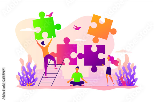 Mindful meditating, mental calmness and self-consciousness, focusing and releasing stress concept. Vector isolated concept illustration with tiny people and floral elements. Hero image for website.