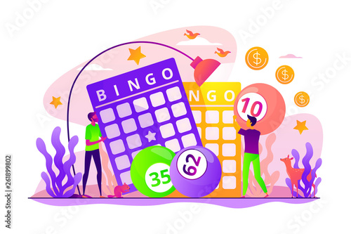Lottery money game, lucky raffle ticket, bingo game and game of chance jackpot concept. Vector isolated concept illustration with tiny people and floral elements. Hero image for website.