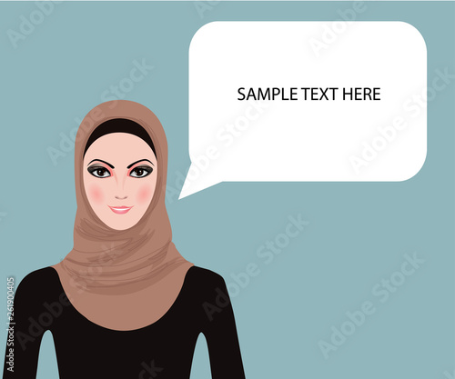 Portrait of muslim beautiful girl in hijab with a speech bubble