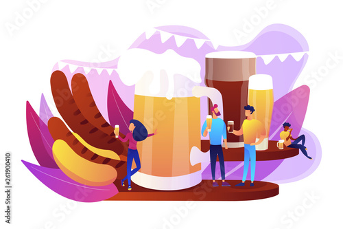 Tiny business people at festival talking and drinking beer, huge mug and sausages. Beer fest, street brewing, beer and music festival concept. Bright vibrant violet vector isolated illustration