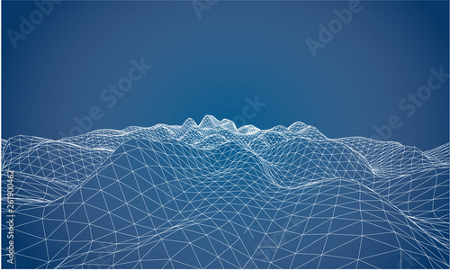 3D wireframe of contour swirl. Abstract wireframe background. Black and white wave. 