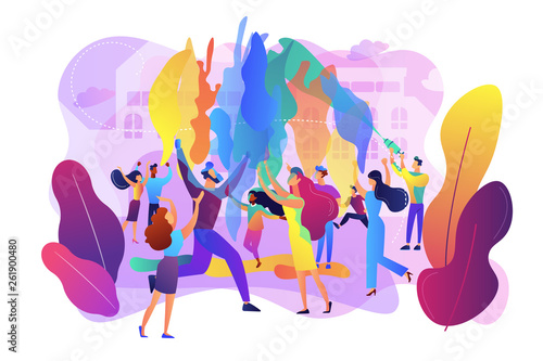 Tiny people enjoying traditional holiday of colors celebration. Holi festival, joyful and colorful festival, city festival day concept. Bright vibrant violet vector isolated illustration