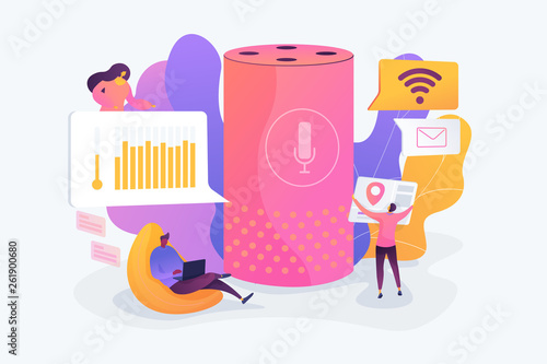 Smart office controller and voice commands, voice controlled office digital devices and Iot concept. Vector isolated concept illustration with tiny people and floral elements. Hero image for website.