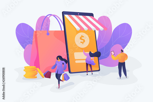Smart retail, retail mobility solutions, IoT and smart city concept. Vector isolated concept illustration with tiny people and floral elements. Hero image for website.