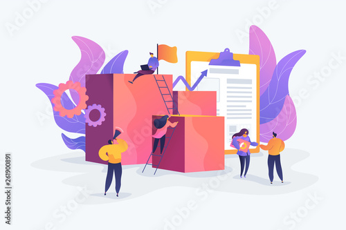 Project management, business analysis and planning, waterfall project management concept. Vector isolated concept illustration with tiny people and floral elements. Hero image for website.