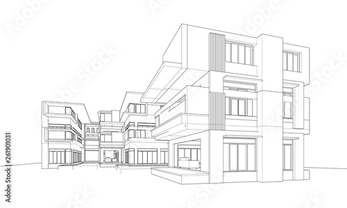 3d wireframe of building. sketch design. 