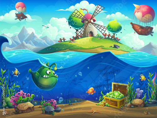 Undersea world with inhabitants and the island
