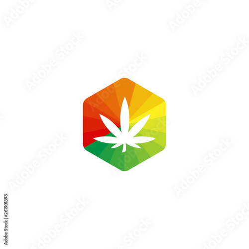 Cannabis products logotype. colorful triangle yellow to green colors. The marijuana leaf isolated on hexagon shape.