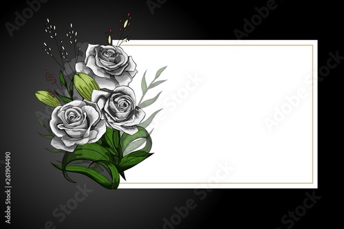 Rose flower bouquet on white frame with black border strict postcard template