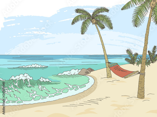 Sea coast hammock graphic color landscape sketch illustration vector
