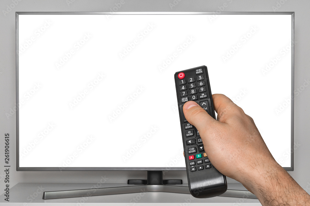 White Screen On TV And Human Hand With TV Remote Control Stock Photo White Screen On TV And Human Hand With TV Remote Control Stock Photo