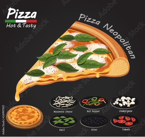 Pizza on the board with the ingredients.