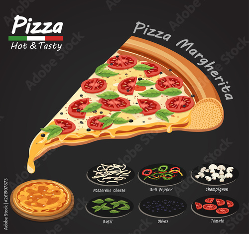Pizza on the board with the ingredients.