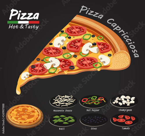 Pizza on the board with the ingredients.