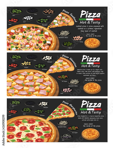 Pizza Pizzeria flyer vector background. Two Pizza banners with ingredients and text on blackboard. 