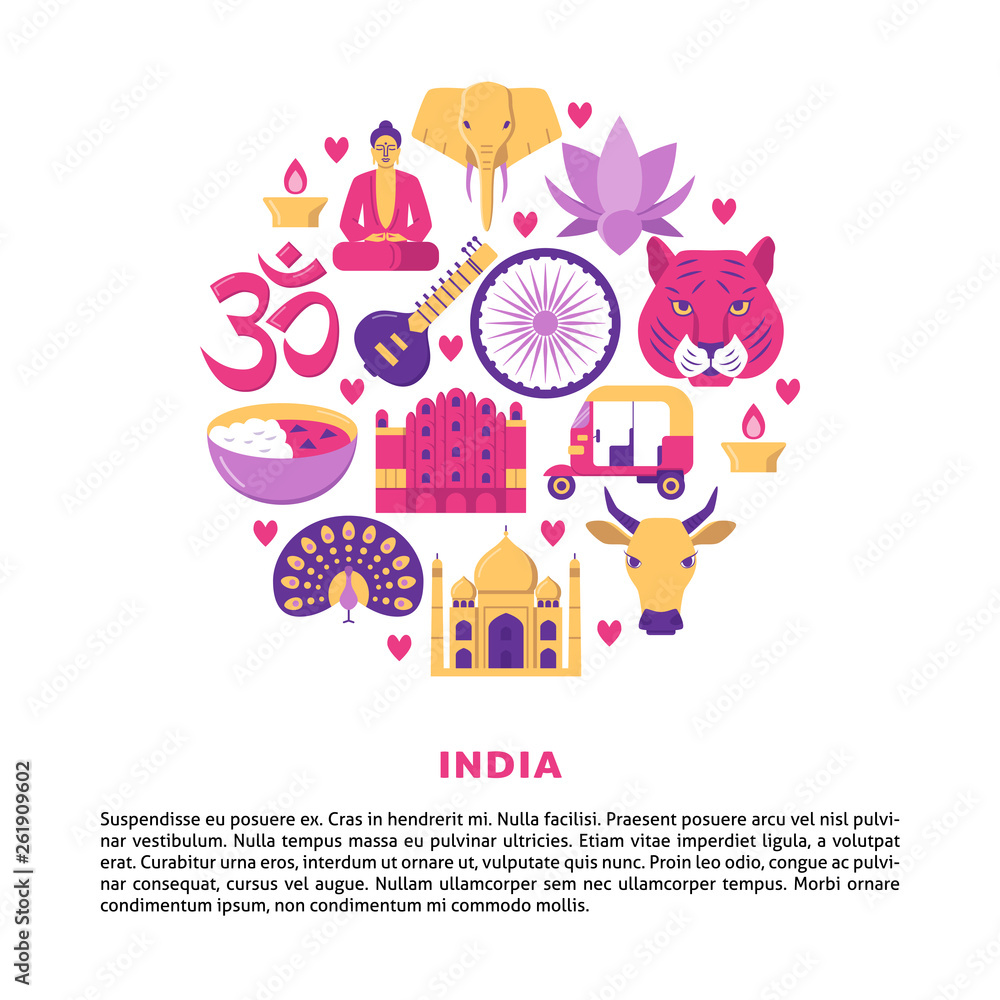 Obraz premium Round banner with India national culture and attractions symbols