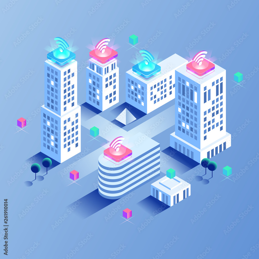 Smart city or intelligent building isometric vector concept
