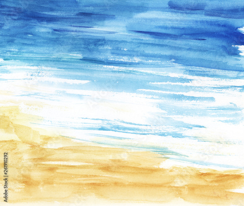 Abstract Watercolor background of golden beach, azure sea with white foam on waves. Hand-drawn illustration on textured paper.