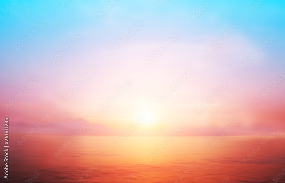 Sunrise horizon cool sea background on horizon tropical sandy beach; relaxing outdoors vacation
