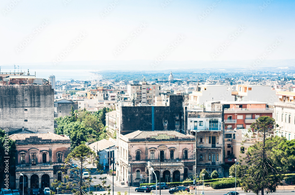 Catania rooftops, aerial cityscape, travel to Sicily, Italy.