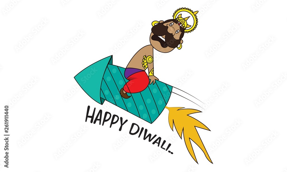 Vector cartoon illustration of Ravan sitting on rocket and saying happy  diwali. Isolated on white background. Stock Vector | Adobe Stock