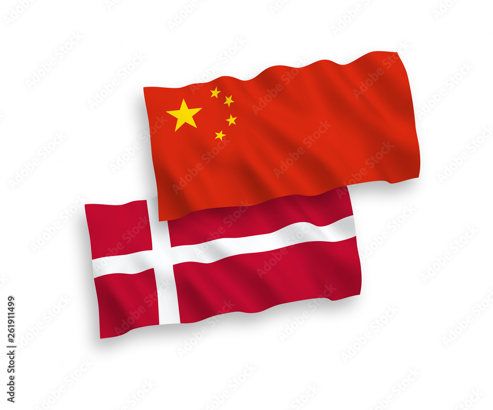National vector fabric wave flags of Denmark and China isolated on white background 1 to 2 proportion. National vector fabric wave flags of Denmark and China isolated on white background 1 to 2 proportion.