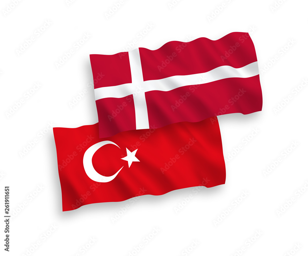 National vector fabric wave flags of Turkey and Denmark isolated on white background. 1 to 2 proportion. National vector fabric wave flags of Turkey and Denmark isolated on white background. 1 to 2 proportion.
