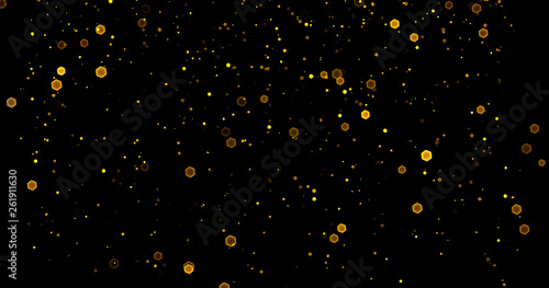 Abstract golden glitter on black background with bokeh. Luxury gold concept polygonal 3d rendered illustration.