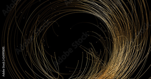 Abstract golden lines and spheres on black background with bokeh. Luxury gold concept polygonal 3d rendered illustration.