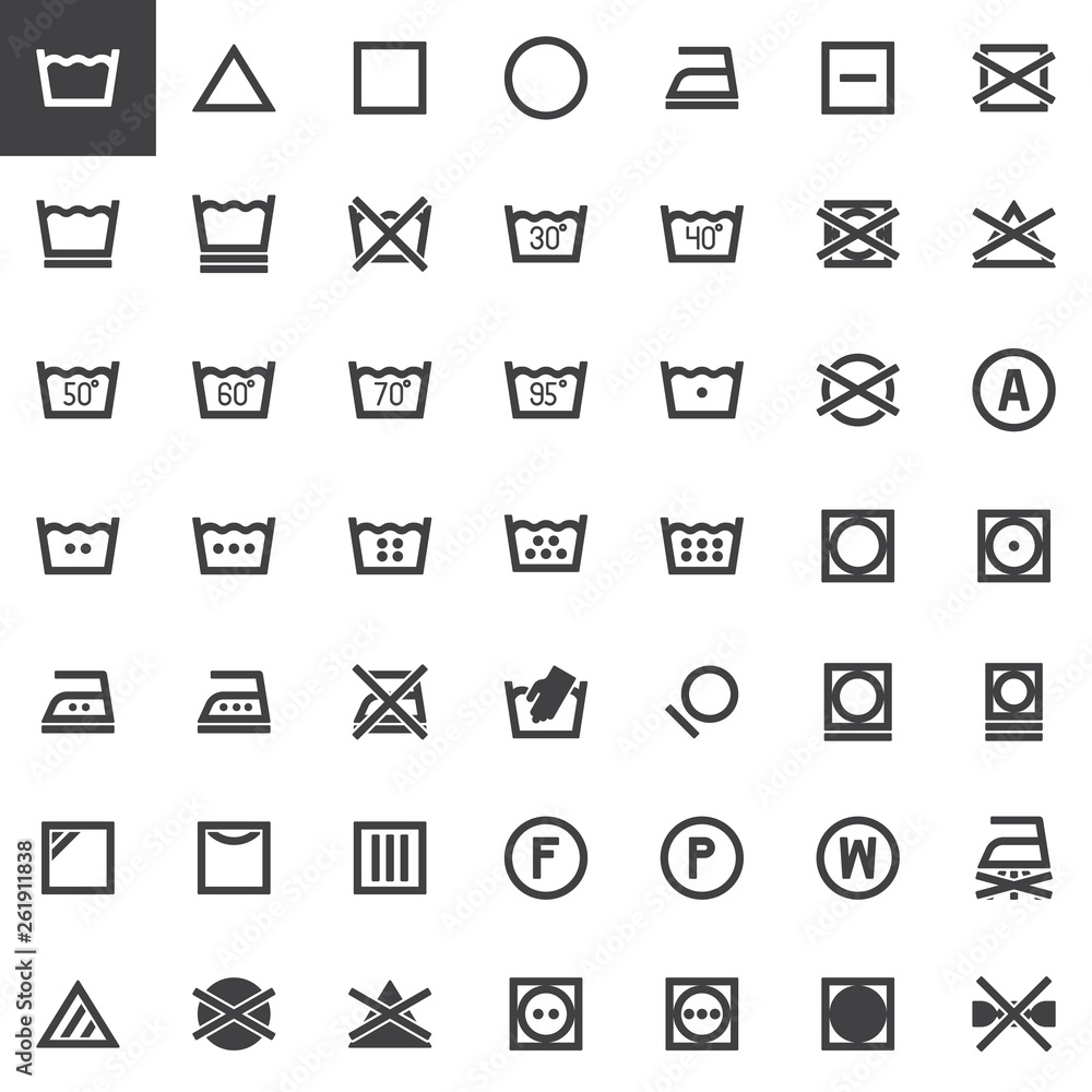 Laundry instructions vector icons set, modern solid symbol collection, filled style pictogram pack. Signs logo illustration. Set includes icons as dry wash machine sign, do not iron, water temperature Laundry instructions vector icons set, modern solid symbol collection, filled style pictogram pack. Signs logo illustration. Set includes icons as dry wash machine sign, do not iron, water temperature